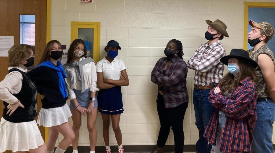 Students Jenny Tupper, Helena Wilson, Jillian Pride, and Sania Jackson are rocking their country club looks, while students Chelsea Odoi Brayden McDonald, Maggie Fenwick, and John Biehl are wearing their country outfits. 