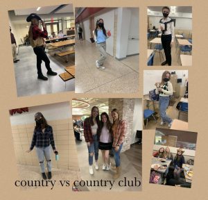 Junior Kyleigh Eckert (pictured in bottom middle photo between juniors Alex Swank and Lexi Bloch), dressed in her country club outfit. It makes me laugh says Eckert, I love seeing everyones outfit- it shows that people have school spirit.