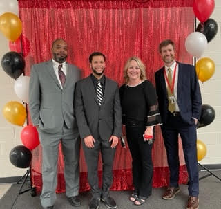 Vice Principals Kiev Lamarr, Garrett Carter, Julie Wilson, and Principal Mike Hinze pictured at the first pandemic Prom 2021, a red carpet affair. 