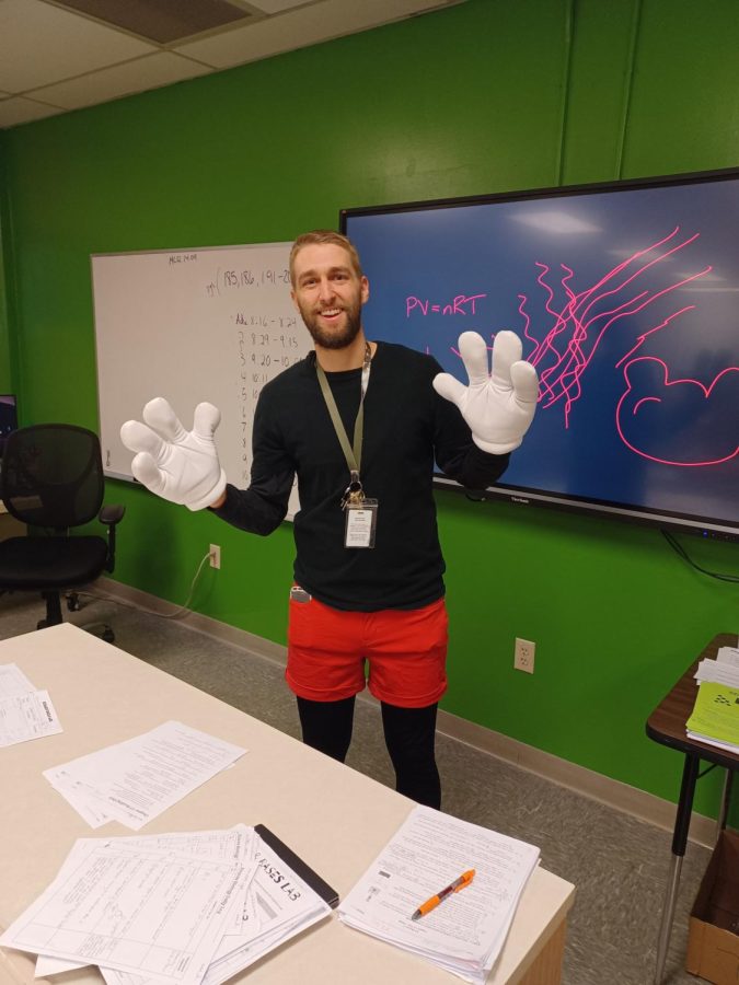 Physics and Biology teacher Mark Schmidley kicks off Cartoon Wednesday as Mickey the Mouse.