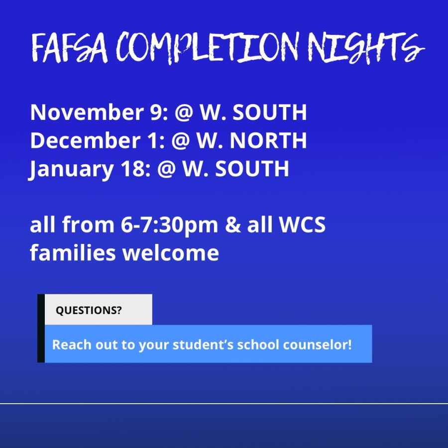 A slide showing the dates for upcoming FAFSA completion workshops over the next months.