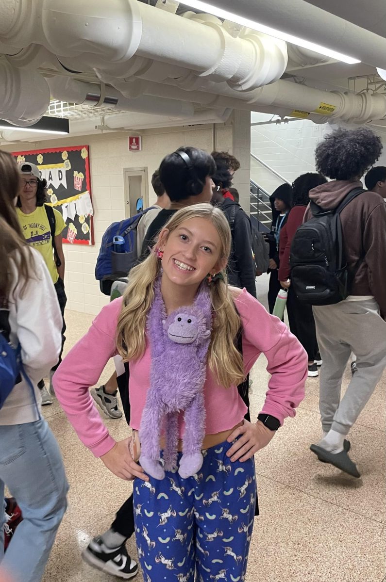 Freshman Sarah Barfey Dresses up in Bright Colors as a Baby for Tuesdays Spirit Week Theme