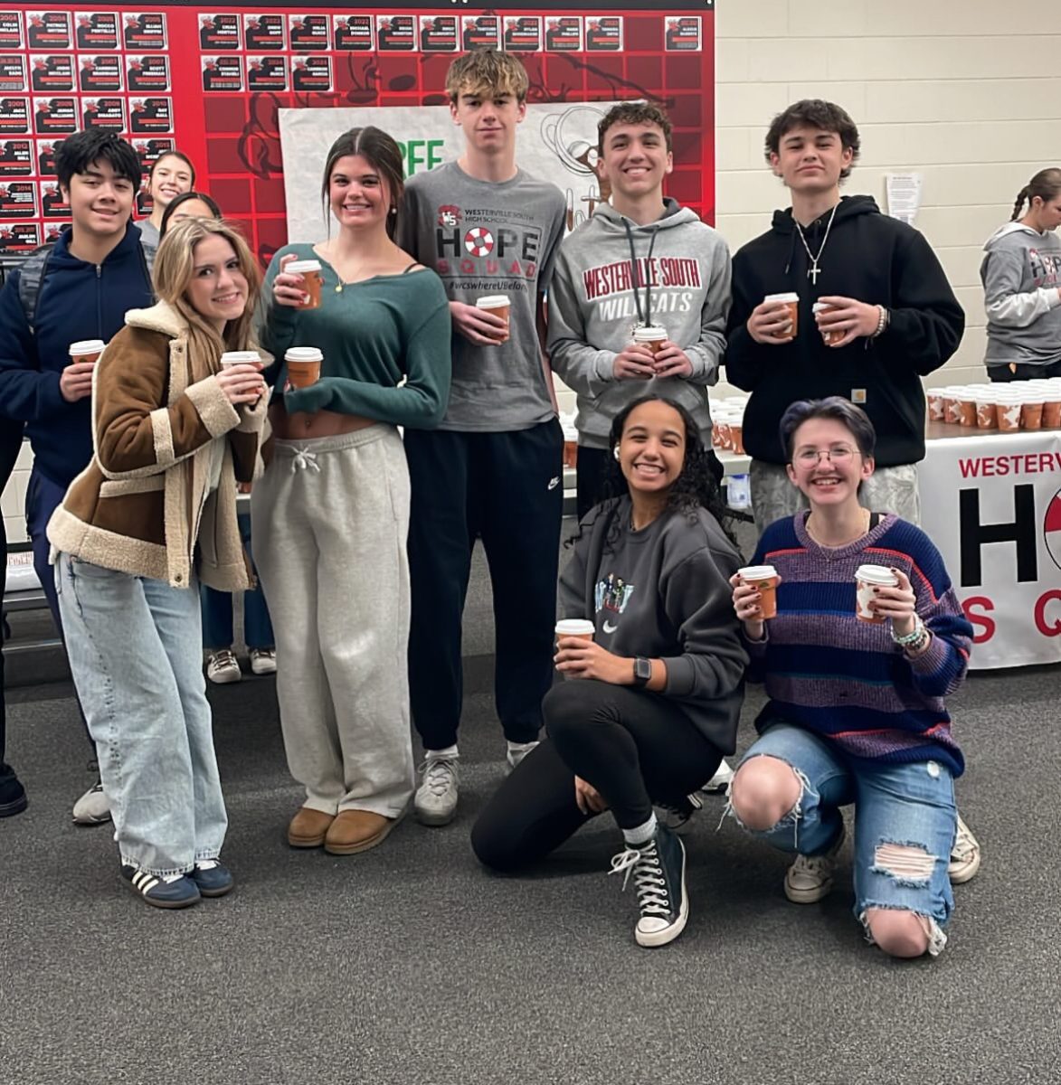 Hope Squad Members from all grades came together on Monday, Jan. 27 to serve hot chocolate to Westerville South students. Students were welcomed with the hot chocolate to kick off “Hope Week,”  an annual celebration in honor of Suicide Prevention.