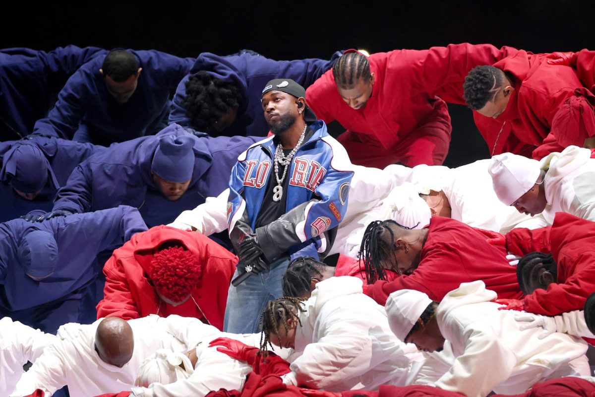 Kendrick Lamar and his background dancers create the American flag during the 2025 Super Bowl Halftime show.