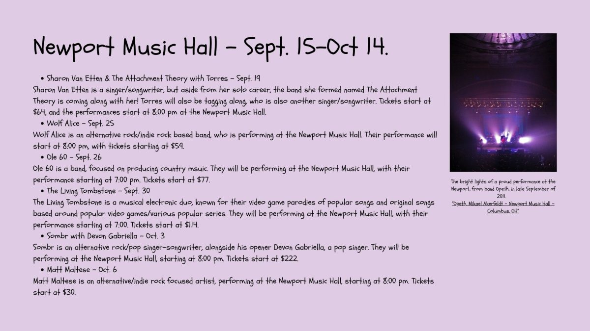 Newport Music Hall - Sept. 15-Oct 14.