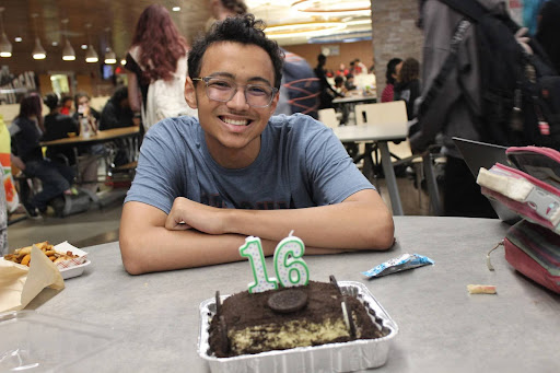 Sophomore, Evan Gunther Celebrates his sixteenth birthday with his friends at lunch, by bringing in his Home made oreo cake that he made to share.